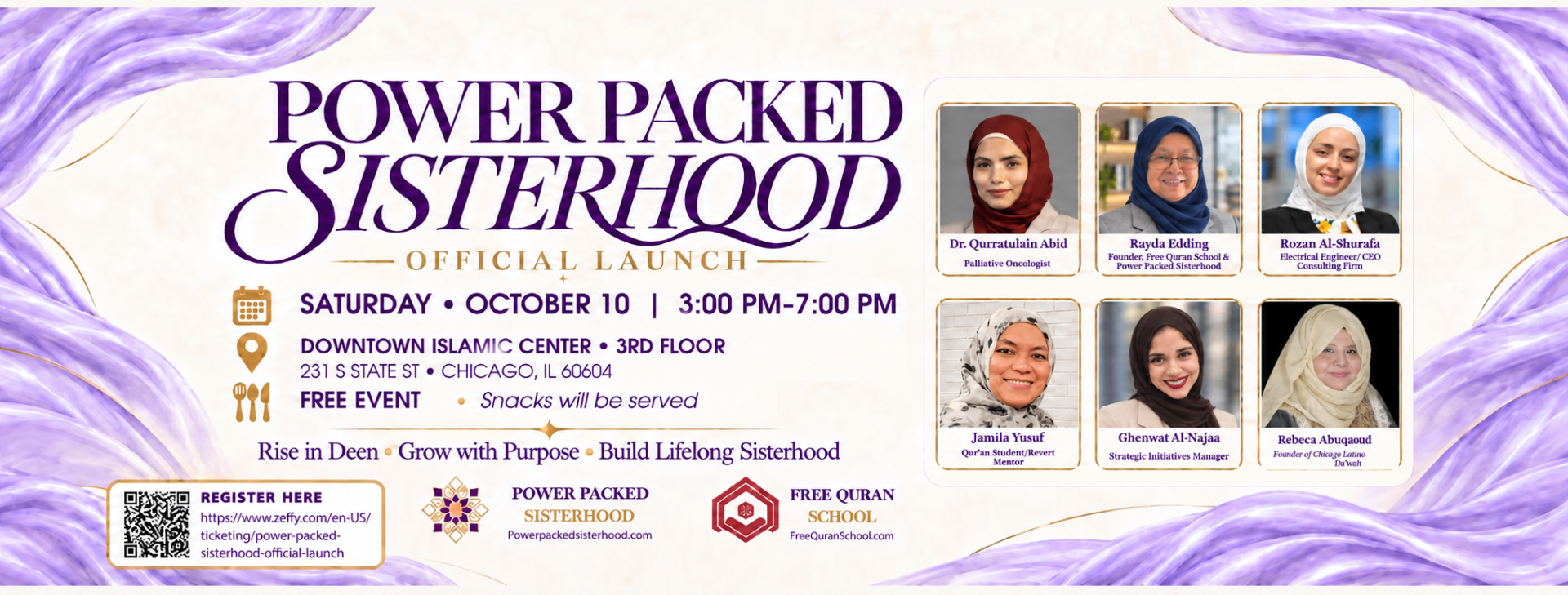 Power Packed Sisterhood official launch poster with October 10 event details and six featured speakers